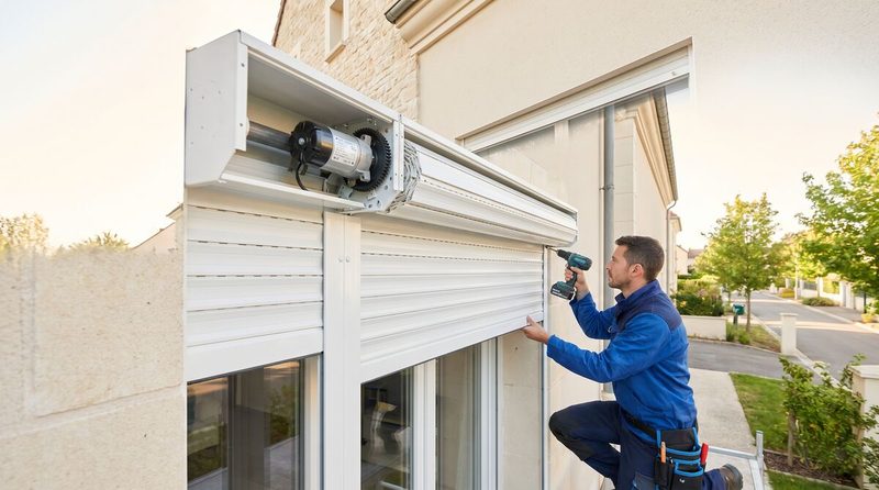 Technicien professionnel installant et motorisant un volet roulant sur la façade d'une maison moderne dans le Nord